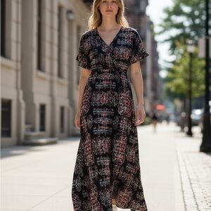 Floral Black V-Neck Maxi Dress with Flutter Sleeves